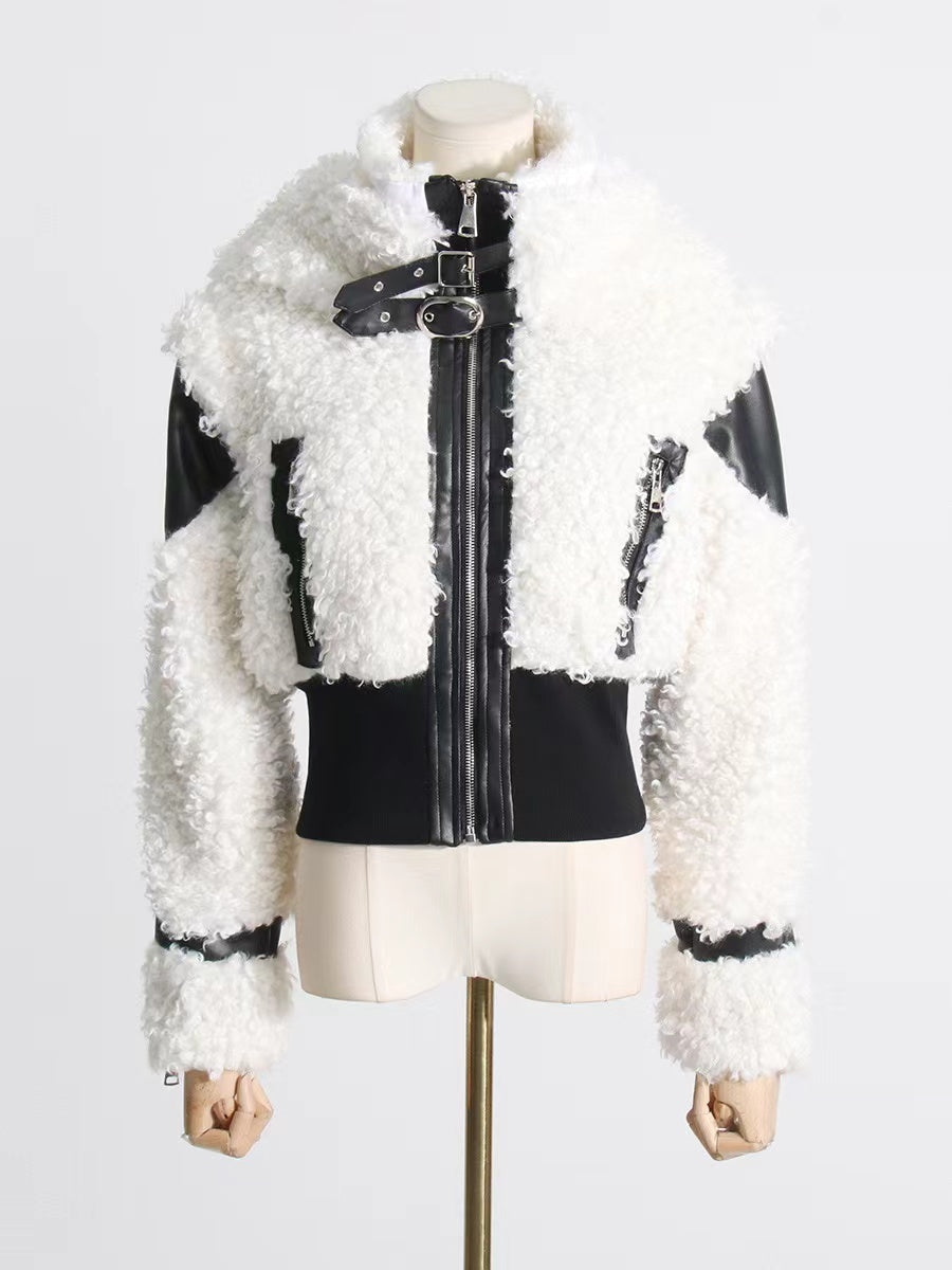 Women's Lamb Wool Stitching PU Leather Zipper Jacket Nocturna-Pro