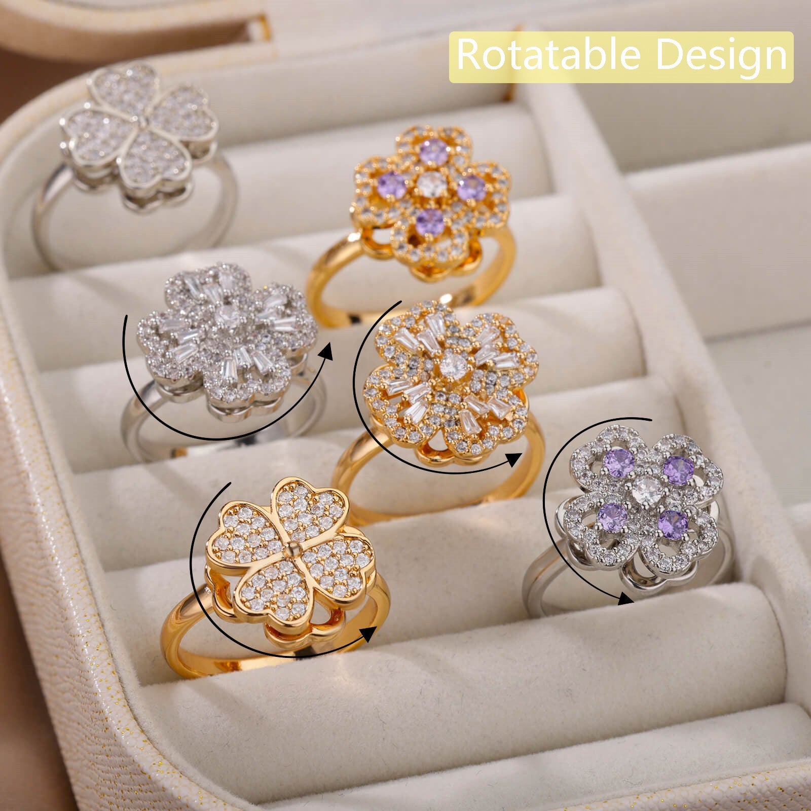 Rotatable Flower Rings With Rhinestones Ins Fashion Anti-anxiety Decompression Ring Nocturna-Pro