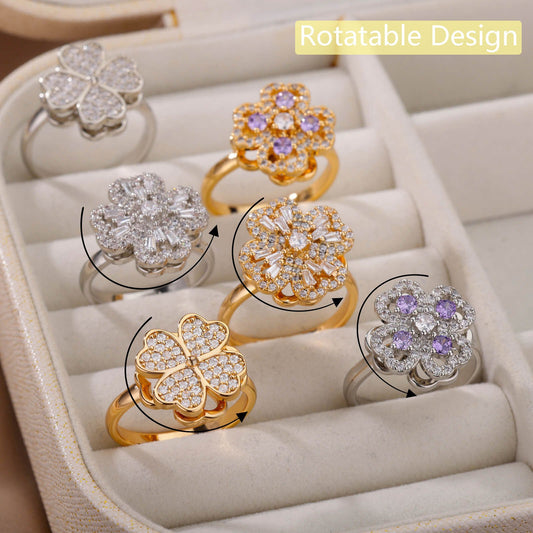 Rotatable Flower Rings With Rhinestones Ins Fashion Anti-anxiety Decompression Ring Nocturna-Pro