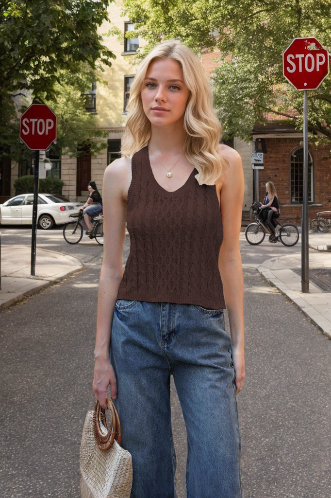 Women's V-neck Tank Vest Fashion Casual Knitted Solid Color Tops Nocturna-Pro