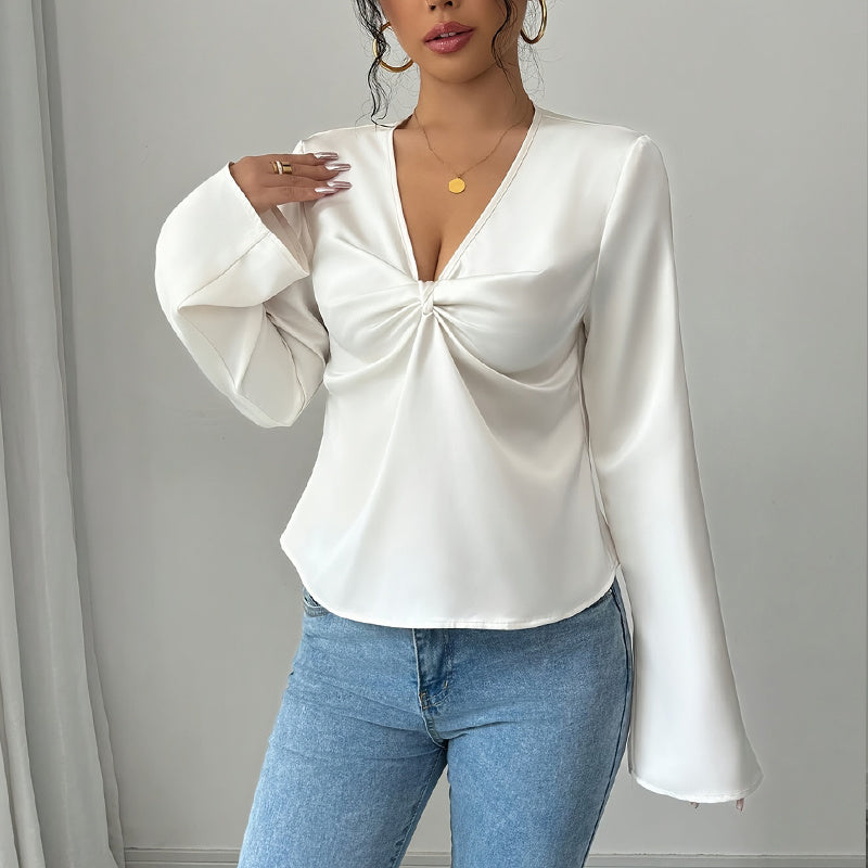 Women's Elegant Solid Color V-neck Ruffled Front Flared Sleeve Shirt Nocturna-Pro