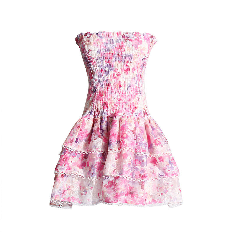 Seaside Beach Vacation Tube Top Floral Print Slim Fit Ruffled Dress Nocturna-Pro