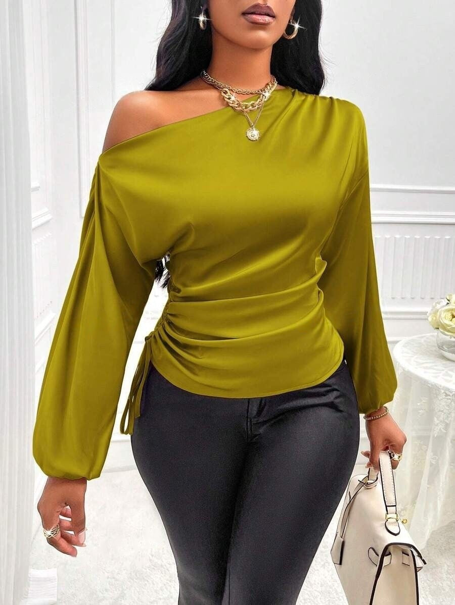 Women's Satin Shirt Asymmetric Long Sleeve Diagonal Collar Shirt Top Nocturna-Pro