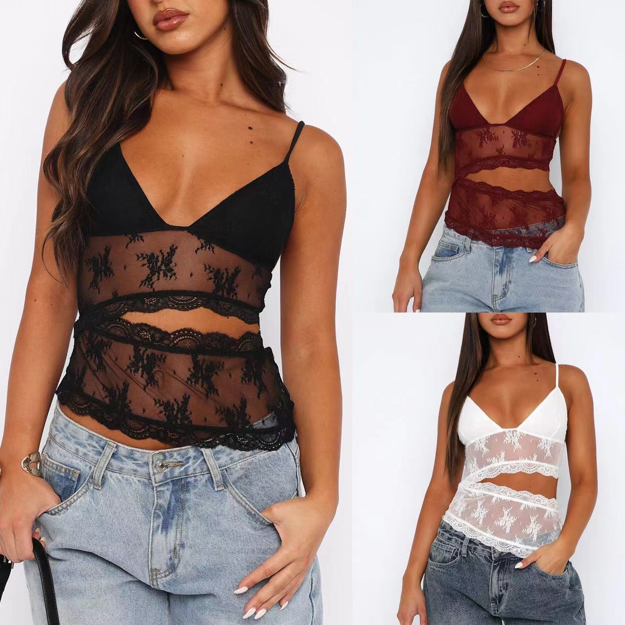 Lace Stitched Backless Small Sling Women V Neck Tank Top Underwear Vest Candy Color Bralette Clothes Nocturna-Pro