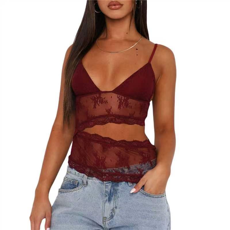 Lace Stitched Backless Small Sling Women V Neck Tank Top Underwear Vest Candy Color Bralette Clothes Nocturna-Pro