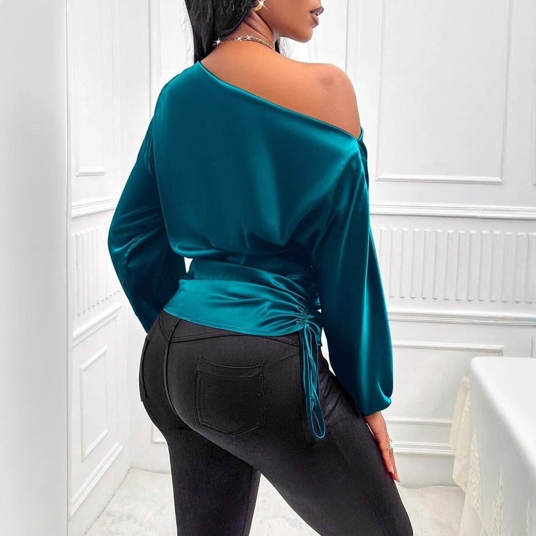 Women's Satin Shirt Asymmetric Long Sleeve Diagonal Collar Shirt Top Nocturna-Pro