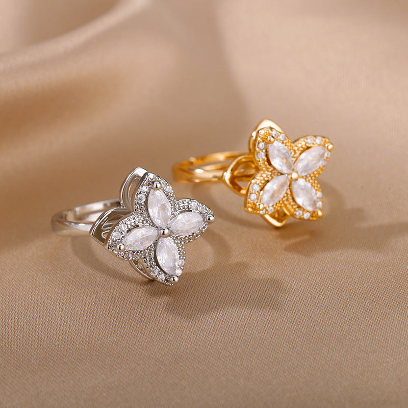 Rotatable Flower Rings With Rhinestones Ins Fashion Anti-anxiety Decompression Ring Nocturna-Pro