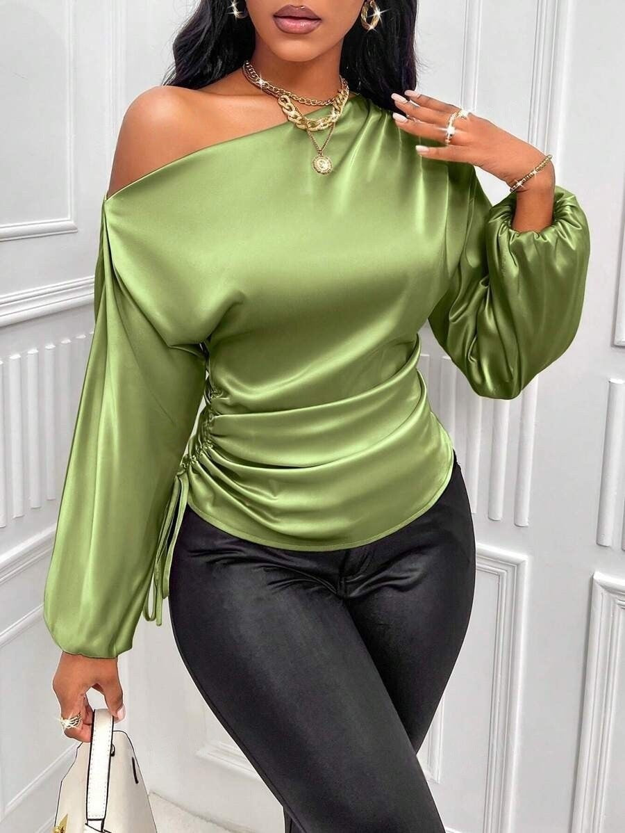 Women's Satin Shirt Asymmetric Long Sleeve Diagonal Collar Shirt Top Nocturna-Pro