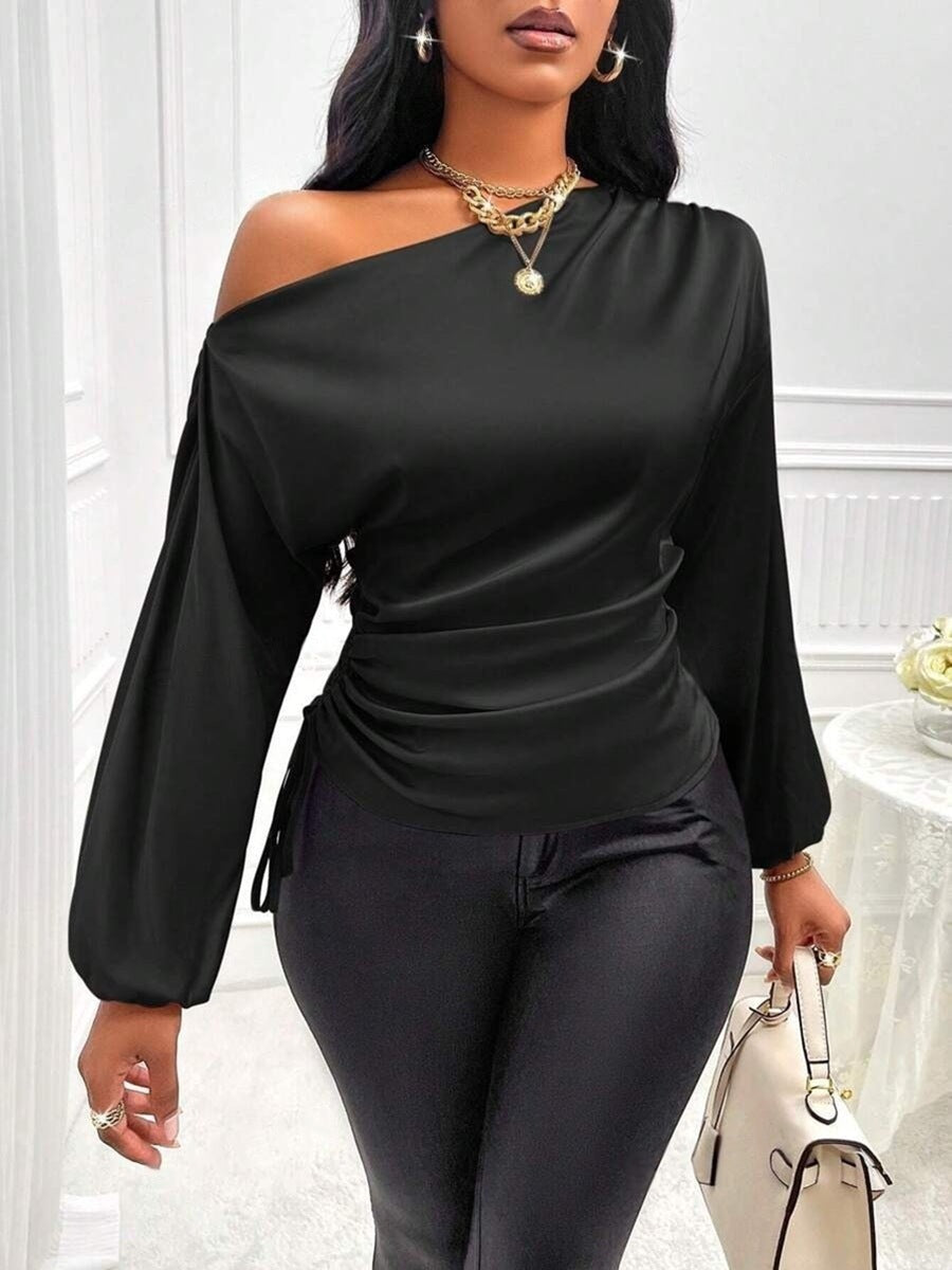 Women's Satin Shirt Asymmetric Long Sleeve Diagonal Collar Shirt Top Nocturna-Pro