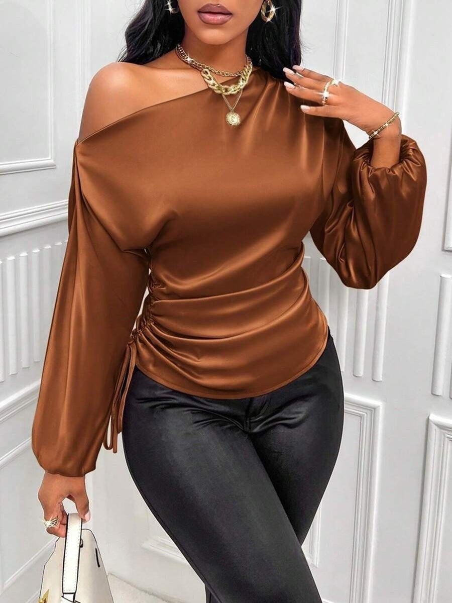 Women's Satin Shirt Asymmetric Long Sleeve Diagonal Collar Shirt Top Nocturna-Pro