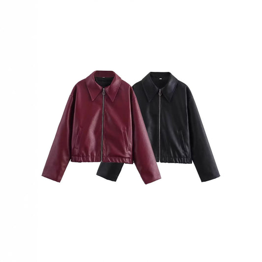 Women's Lapel Long Sleeve Leather Coat Nocturna-Pro