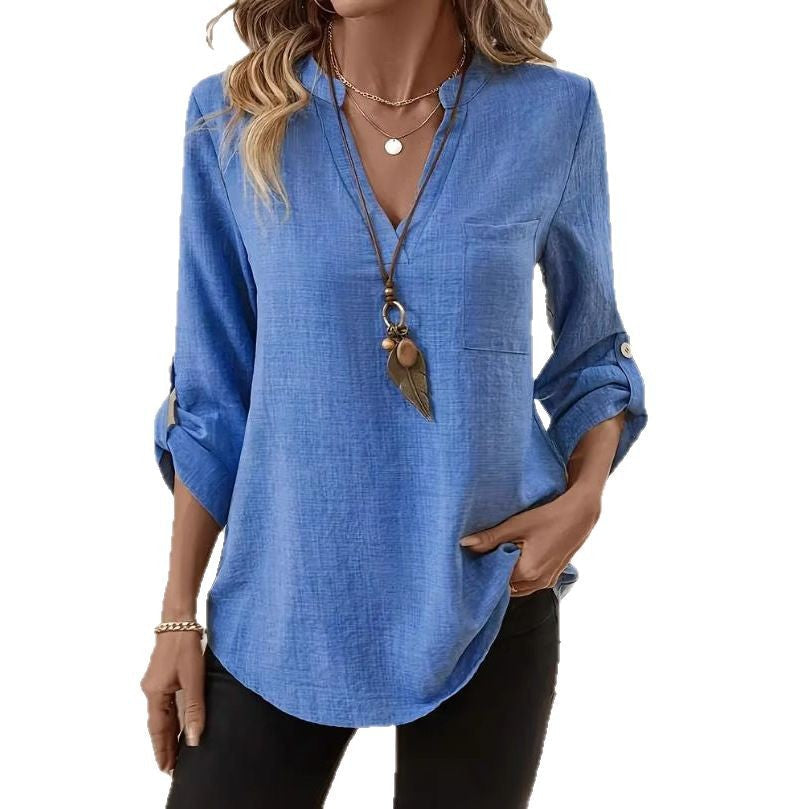 Loose-fitting Plus Size V-neck Solid Color T-shirt Nocturna-Pro