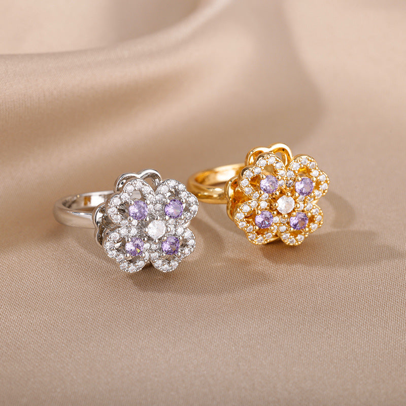 Rotatable Flower Rings With Rhinestones Ins Fashion Anti-anxiety Decompression Ring Nocturna-Pro