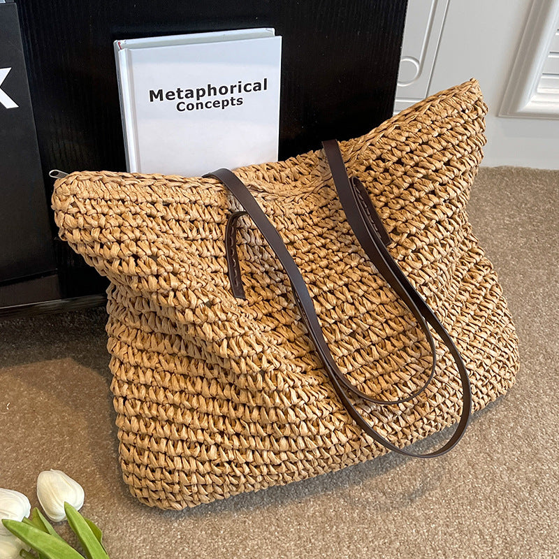 Summer Woven Shoulder Bag Ins Fashion Large Capacity Handbags With Zipper Women's Beach Bags Nocturna-Pro