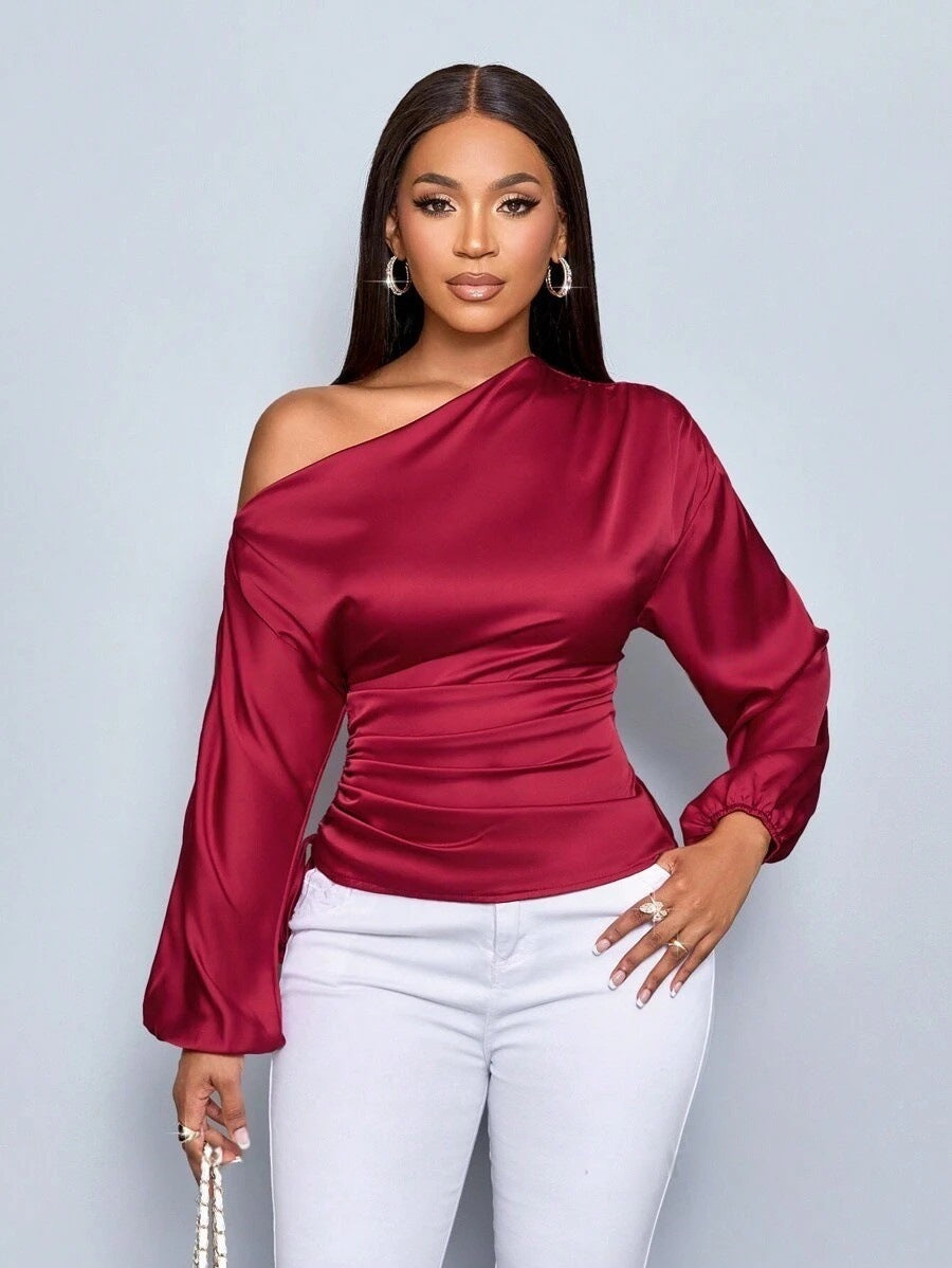 Women's Satin Shirt Asymmetric Long Sleeve Diagonal Collar Shirt Top Nocturna-Pro