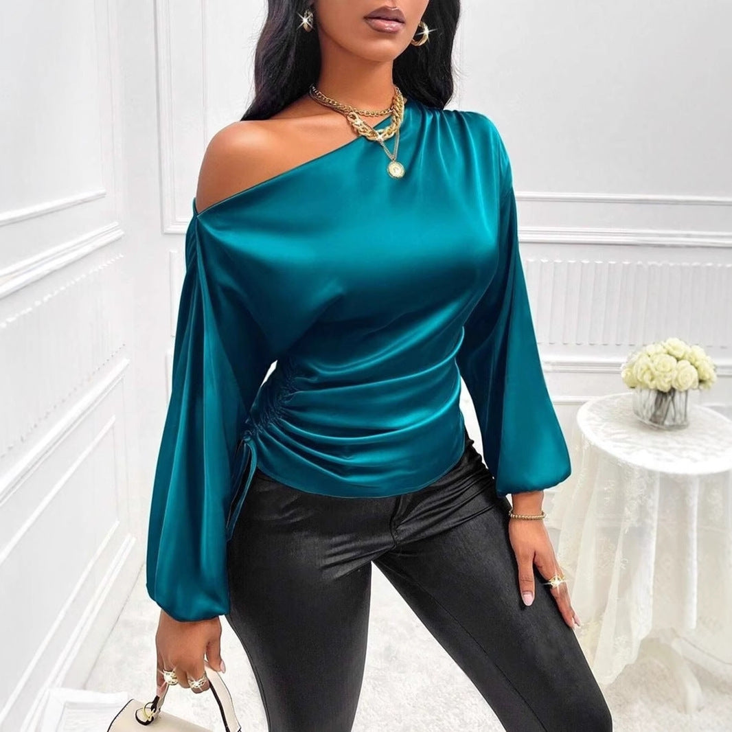 Women's Satin Shirt Asymmetric Long Sleeve Diagonal Collar Shirt Top Nocturna-Pro