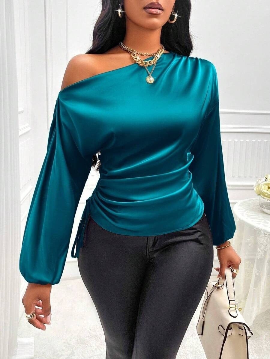 Women's Satin Shirt Asymmetric Long Sleeve Diagonal Collar Shirt Top Nocturna-Pro