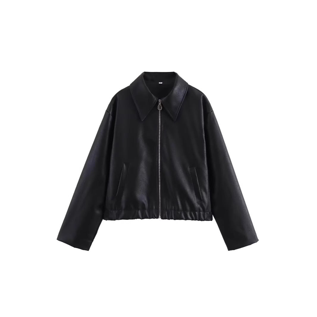 Women's Lapel Long Sleeve Leather Coat Nocturna-Pro
