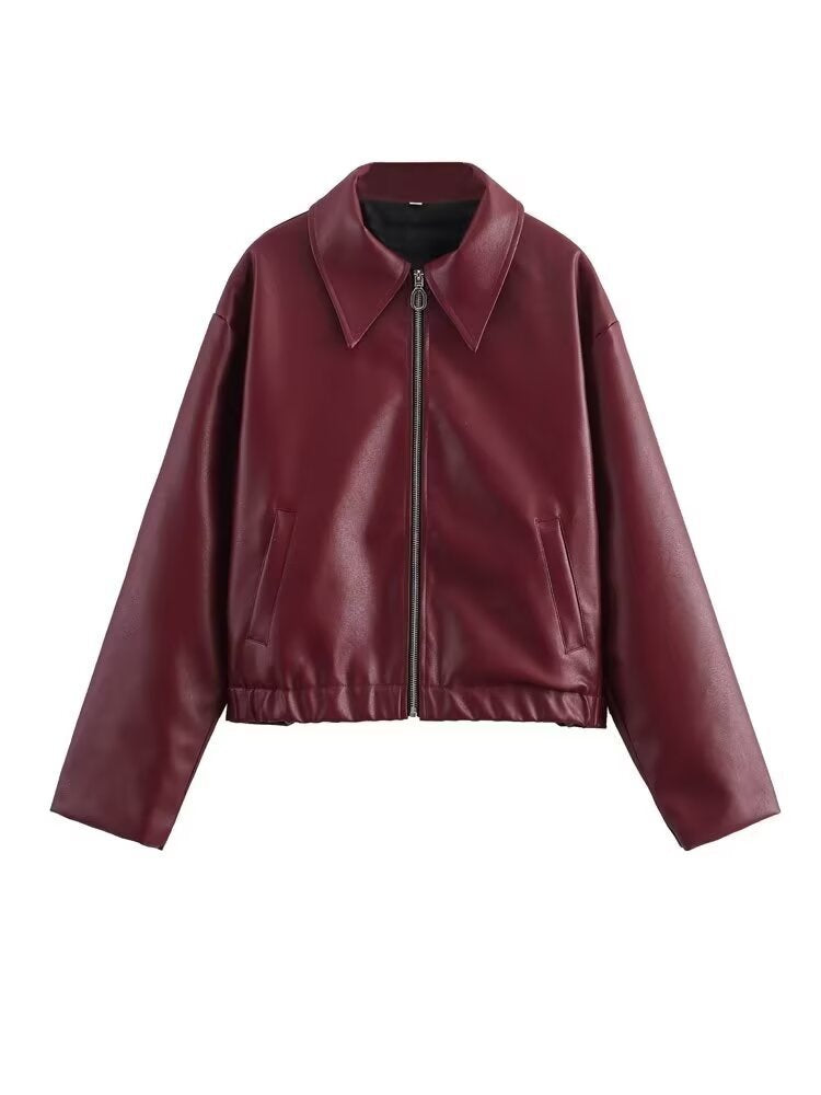 Women's Lapel Long Sleeve Leather Coat Nocturna-Pro