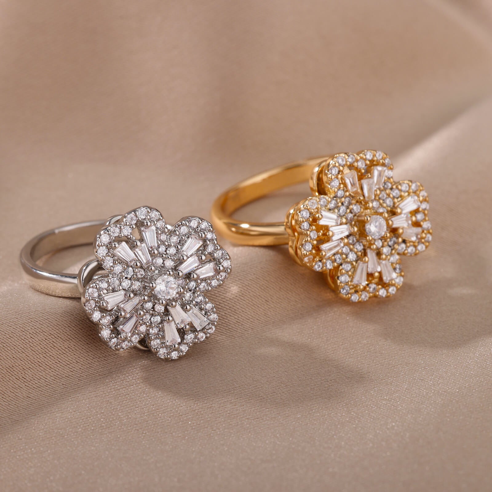 Rotatable Flower Rings With Rhinestones Ins Fashion Anti-anxiety Decompression Ring Nocturna-Pro