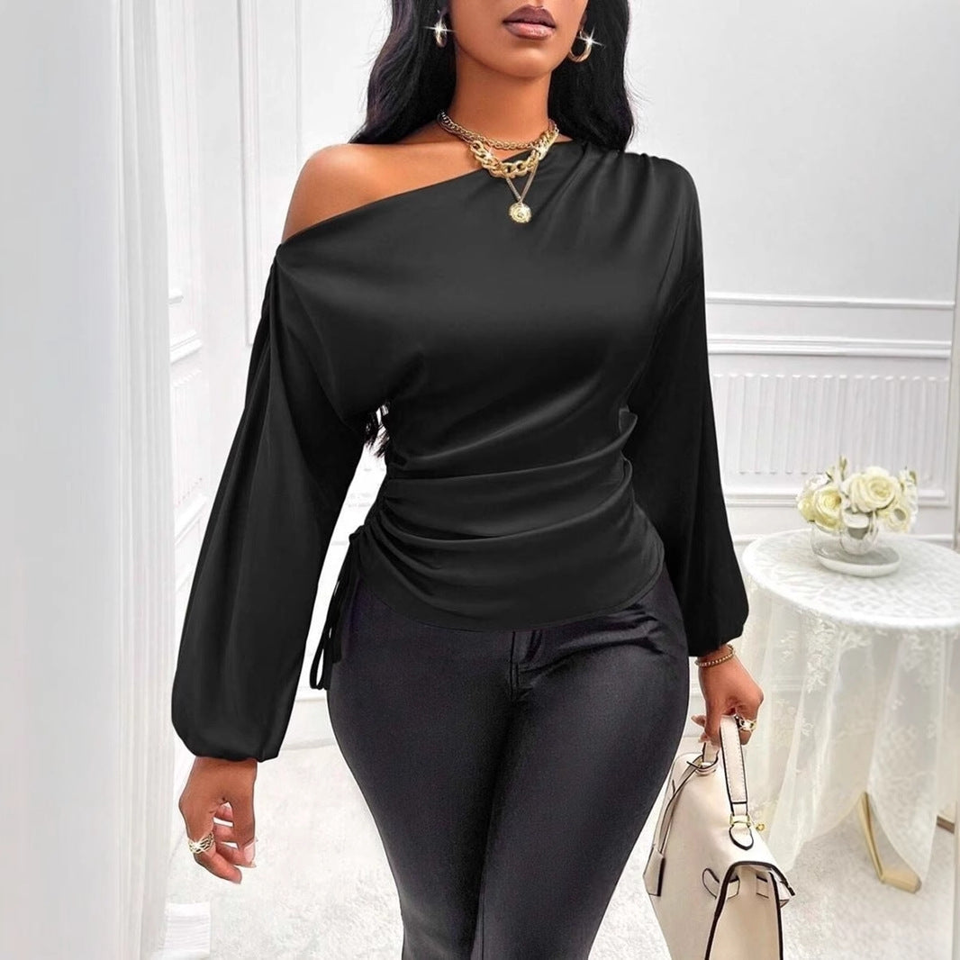 Women's Satin Shirt Asymmetric Long Sleeve Diagonal Collar Shirt Top Nocturna-Pro