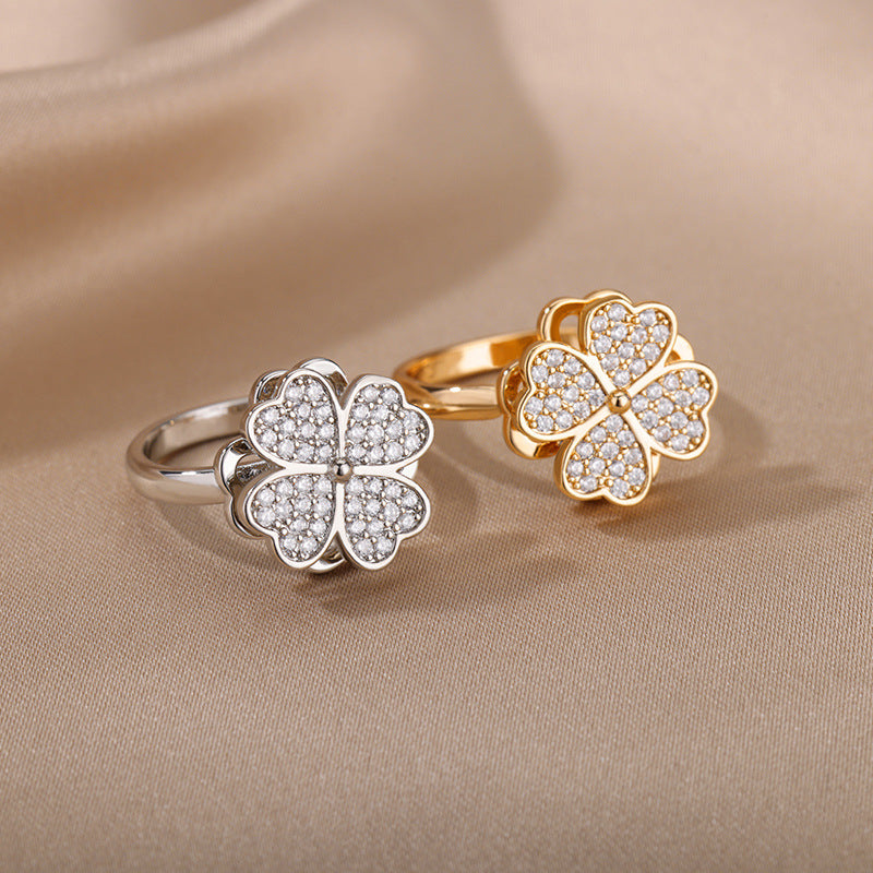 Rotatable Flower Rings With Rhinestones Ins Fashion Anti-anxiety Decompression Ring Nocturna-Pro