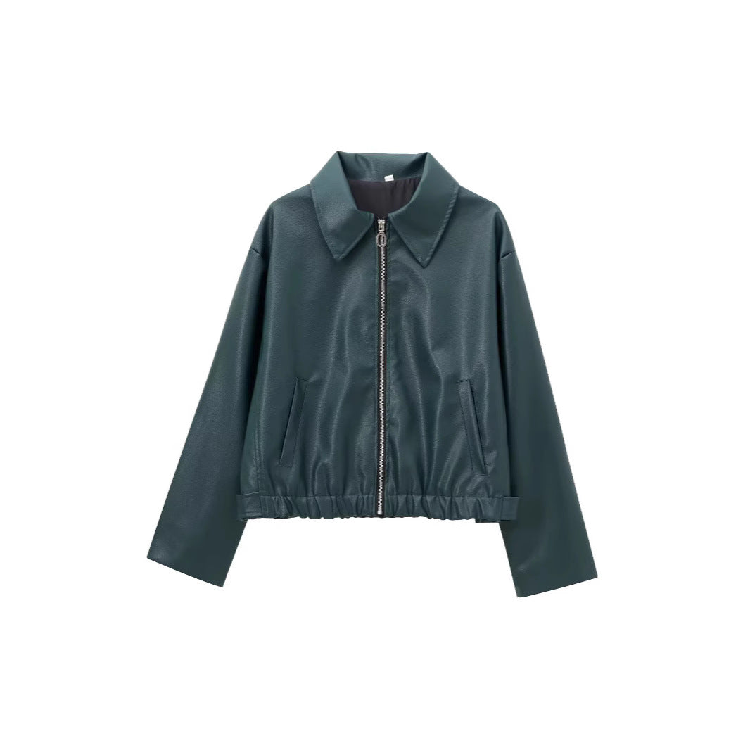 Women's Lapel Long Sleeve Leather Coat Nocturna-Pro