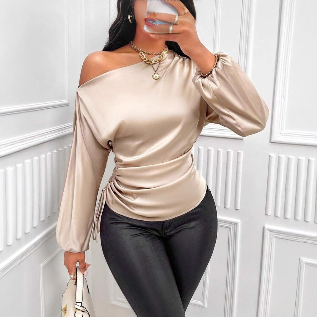 Women's Satin Shirt Asymmetric Long Sleeve Diagonal Collar Shirt Top Nocturna-Pro