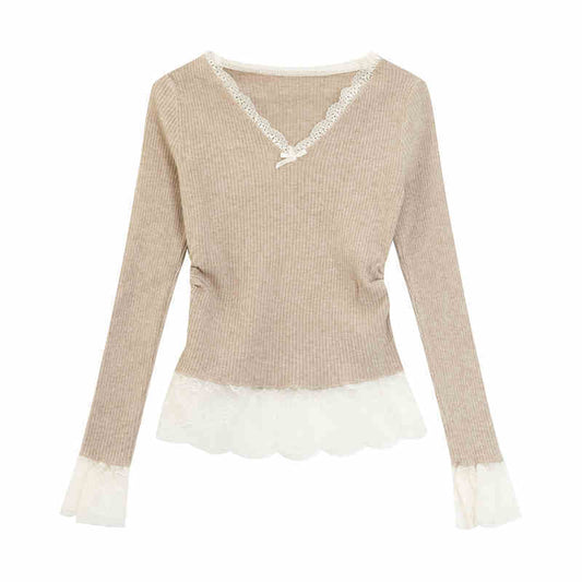 Fake Two Pieces V-neck Stitching Lace Lace Knitwear Nocturna-Pro