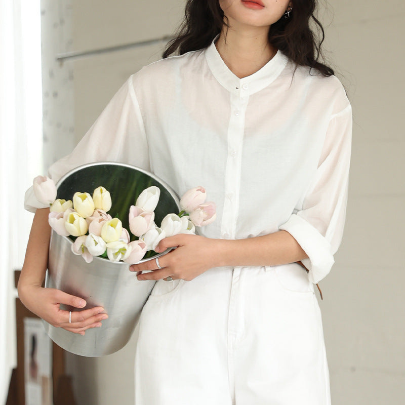 Tencel Linen Stand Collar Shirt Light Thin And Loose Button Top Nocturna-Pro