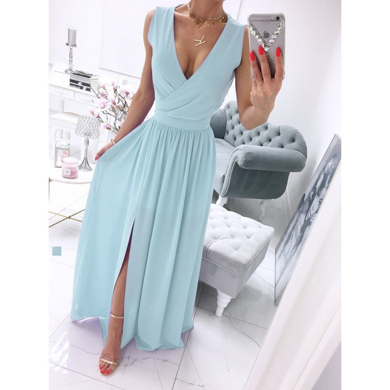 Sleeve Solid Color V-Neck Dress Dress Women's Nocturna-Pro