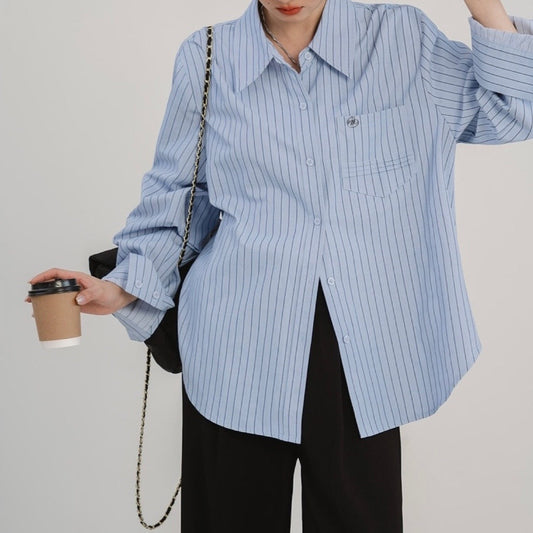 Blue Minimalist Preppy Shirt Women's Loose Slimming Nocturna-Pro