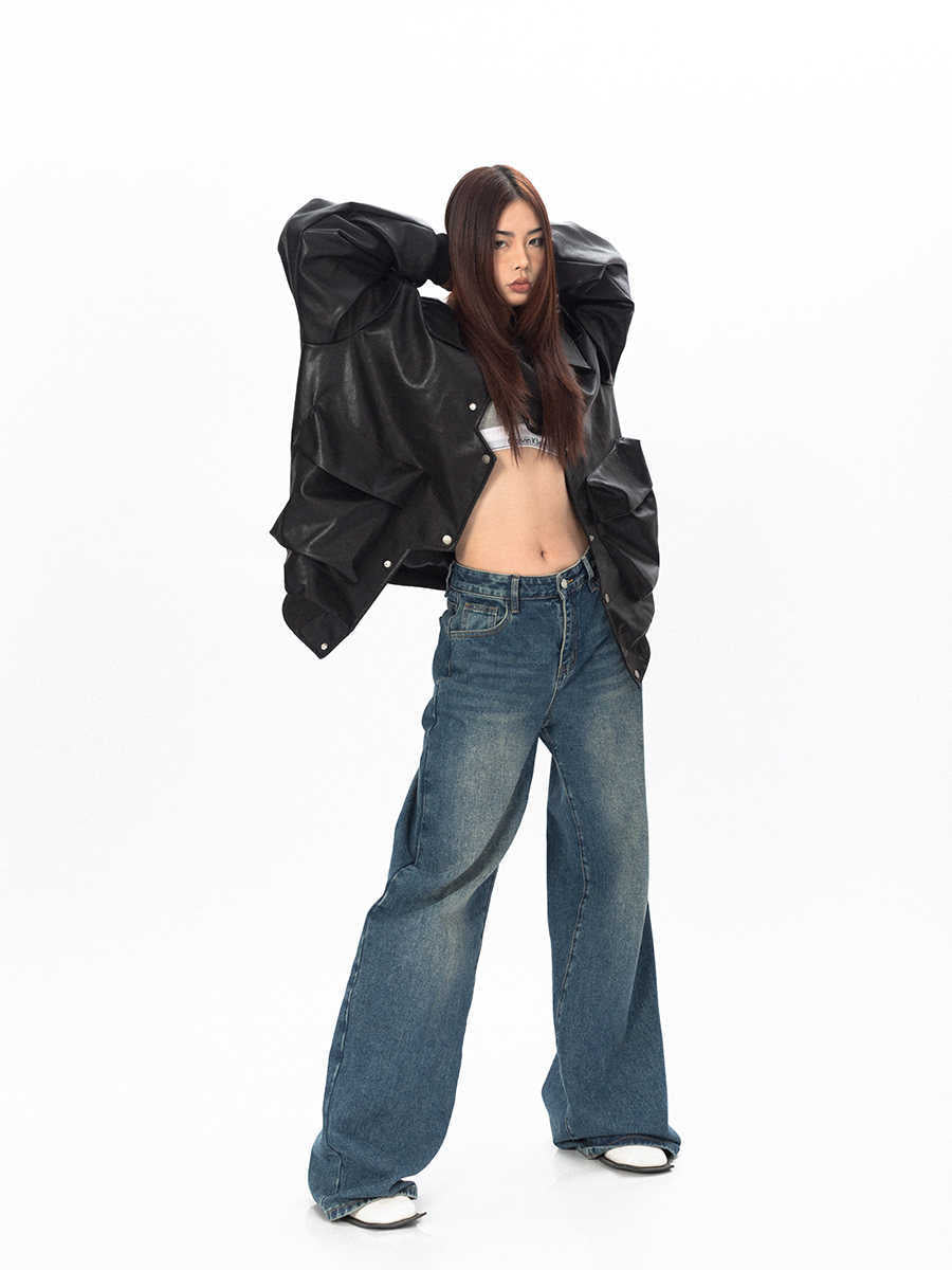 Three-dimensional Pocket Irregular Placket Leather Coat Loose Top Nocturna-Pro