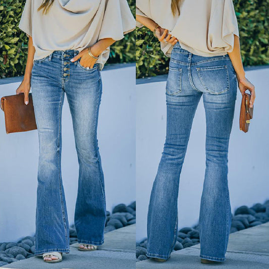 High Waist Bell Bottom Jeans Trendy Wear Washed Out Street Style Women's Denim Pants Nocturna-Pro