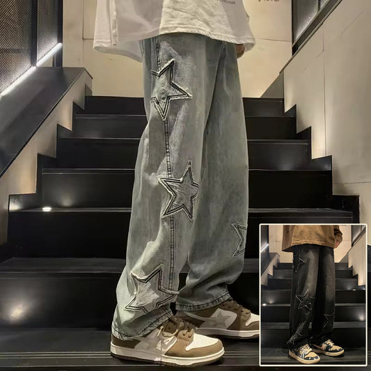 Star Embroidery Straight Casual Men Jeans Gothic Neutral New Wide Leg Loose Hip-hop Fashion Youth Streetwear Denim Trousers Y2K Nocturna-Pro