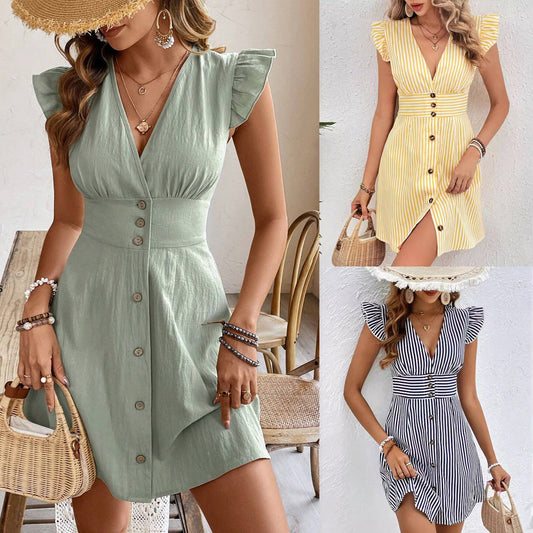 Summer V-neck Single-breasted Fly-sleeve Women's Shirt Dresses With Elegant Splicing Stripe Printing Beach Style Dress Nocturna-Pro