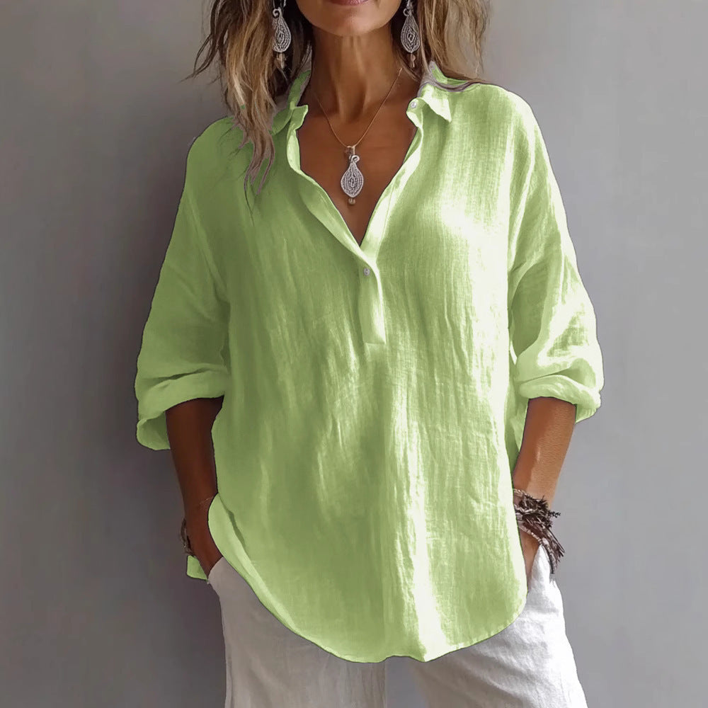 Loose Long Sleeve Linen V-neck Shirt Nocturna-Pro