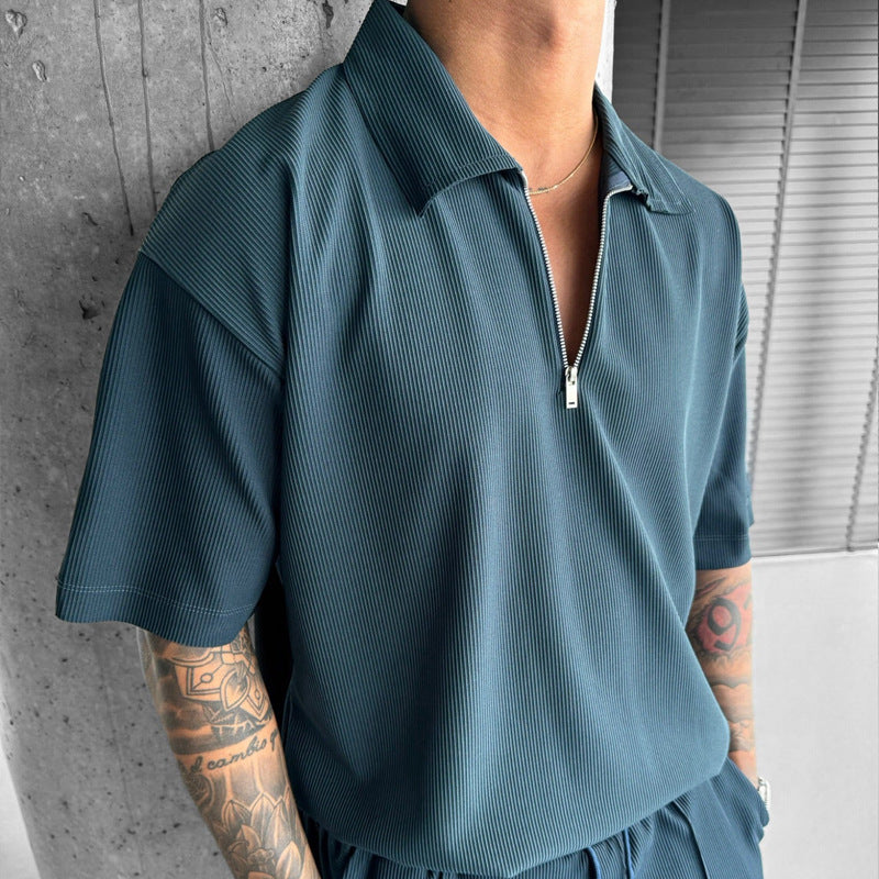 Summer Fashion Mens Clothing  Men's Suits New Zipper Polo Casual Short Sleeve Drawstring Shorts Men's Set Nocturna-Pro