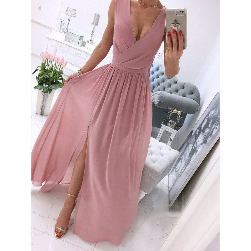 Sleeve Solid Color V-Neck Dress Dress Women's Nocturna-Pro