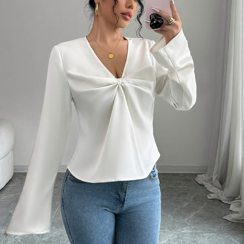 Women's Elegant Solid Color V-neck Ruffled Front Flared Sleeve Shirt Nocturna-Pro