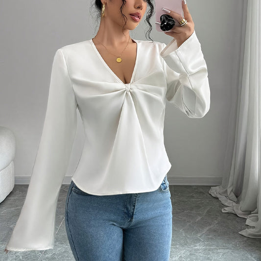 Women's Elegant Solid Color V-neck Ruffled Front Flared Sleeve Shirt Nocturna-Pro