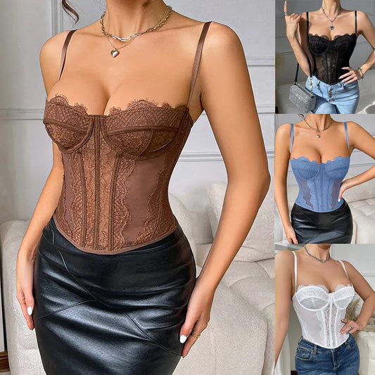 Women Tanks Lace Spaghetti Strap Top Summer Sleeveless Tops Open Back Bone Corset Bustier Sexy Slim Lingerie Bodyshaper Camisole Nocturna-Pro