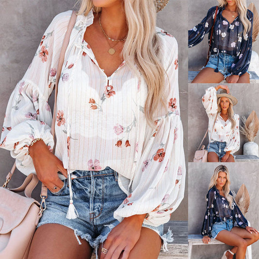 V-neck Lantern Sleeve Retro Chiffon Printed Top Nocturna-Pro