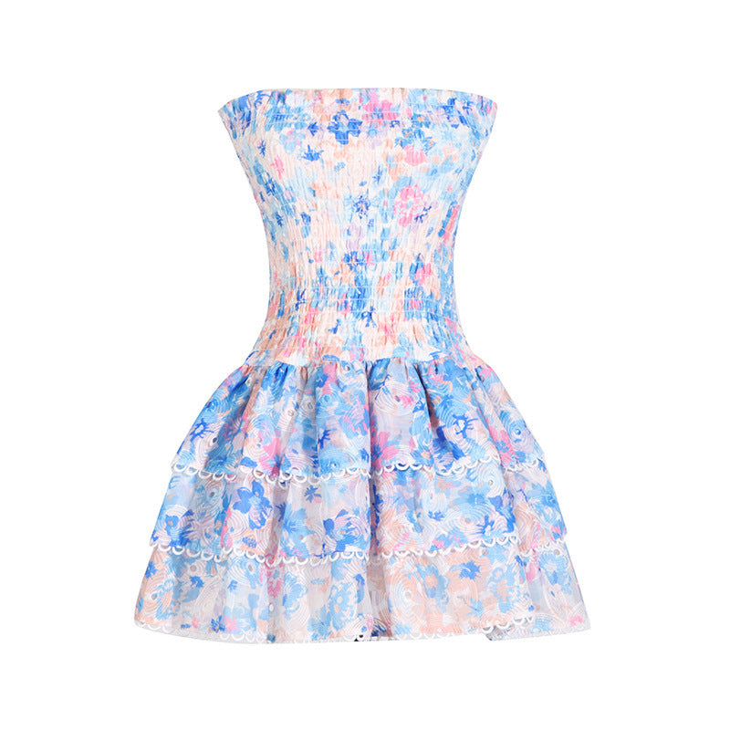 Seaside Beach Vacation Tube Top Floral Print Slim Fit Ruffled Dress Nocturna-Pro