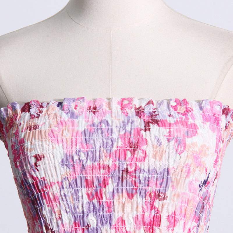 Seaside Beach Vacation Tube Top Floral Print Slim Fit Ruffled Dress Nocturna-Pro