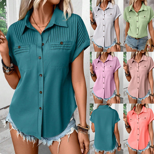 Lapel Shoulder Pleated Pocket Short Sleeve Top ShirtT-shirt Women Nocturna-Pro