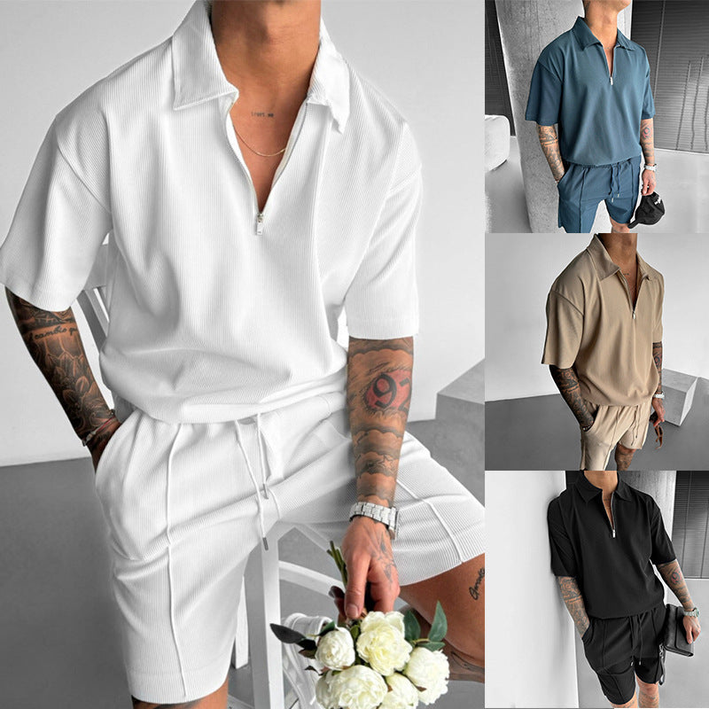 Summer Fashion Mens Clothing  Men's Suits New Zipper Polo Casual Short Sleeve Drawstring Shorts Men's Set Nocturna-Pro