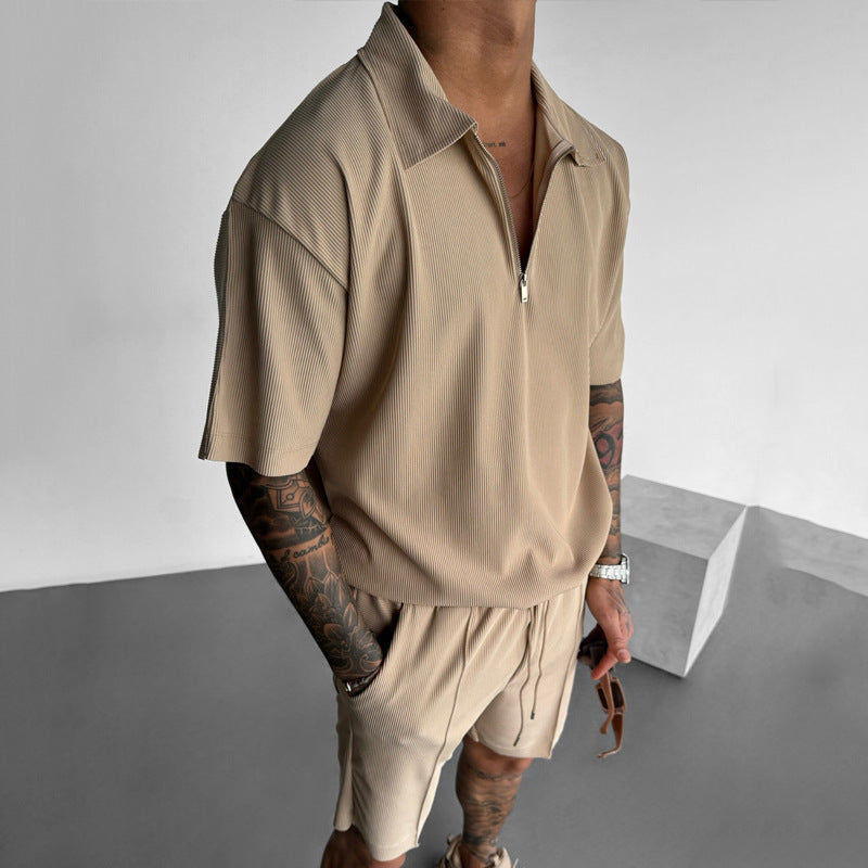 Summer Fashion Mens Clothing  Men's Suits New Zipper Polo Casual Short Sleeve Drawstring Shorts Men's Set Nocturna-Pro