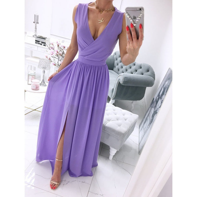 Sleeve Solid Color V-Neck Dress Dress Women's Nocturna-Pro