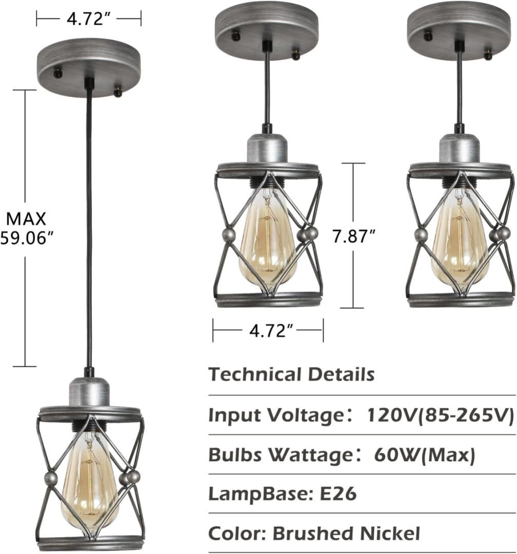Industrial Pendant Lighting For Kitchen Island, Rustic Mini Cage Pendant Light, Farmhouse Pendant Lamp With Silver Grey Adjustable For Dining Room, Hallway, Entryway, Bedroom Nocturna-Pro